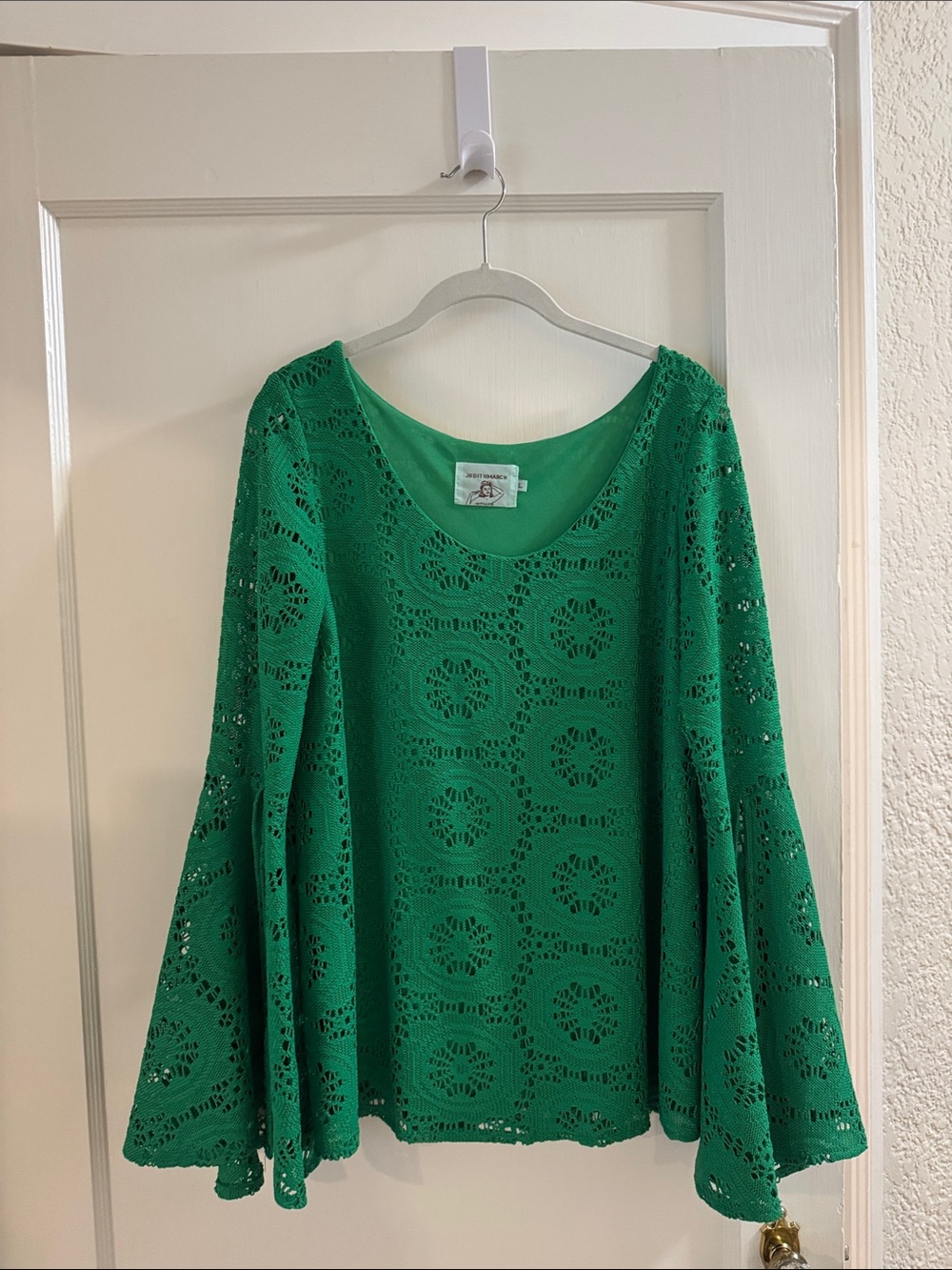 Judith March Green Crochet Bell Sleeve Blouse